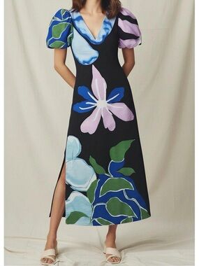 ANTHROPOLOGIE Puff-Sleeve A-Line Maxi Dress, Black Floral, Small